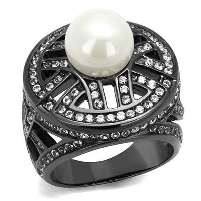 TK2771 - IP Light Black (IP Gun) Stainless Steel Ring with Synthetic Pearl in White, Size 9