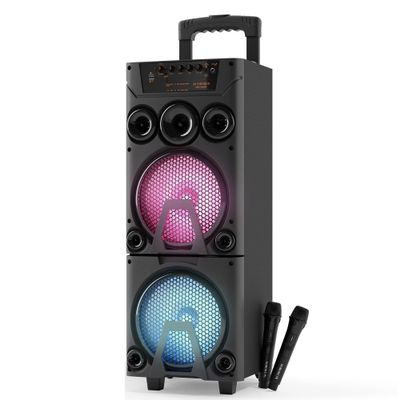 Audiobox ABX-8080R Bluetooth Party Speaker with Dual 8" Woofers, Wooden Cabinet, TWS Pairing, LED Lights, 2 Wireless Microphones, USB/microSD/AUX, Rechargeable