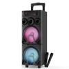 Audiobox ABX-8080R Bluetooth Party Speaker with Dual 8" Woofers, Wooden Cabinet, TWS Pairing, LED Lights, 2 Wireless Microphones, USB/microSD/AUX, Rechargeable