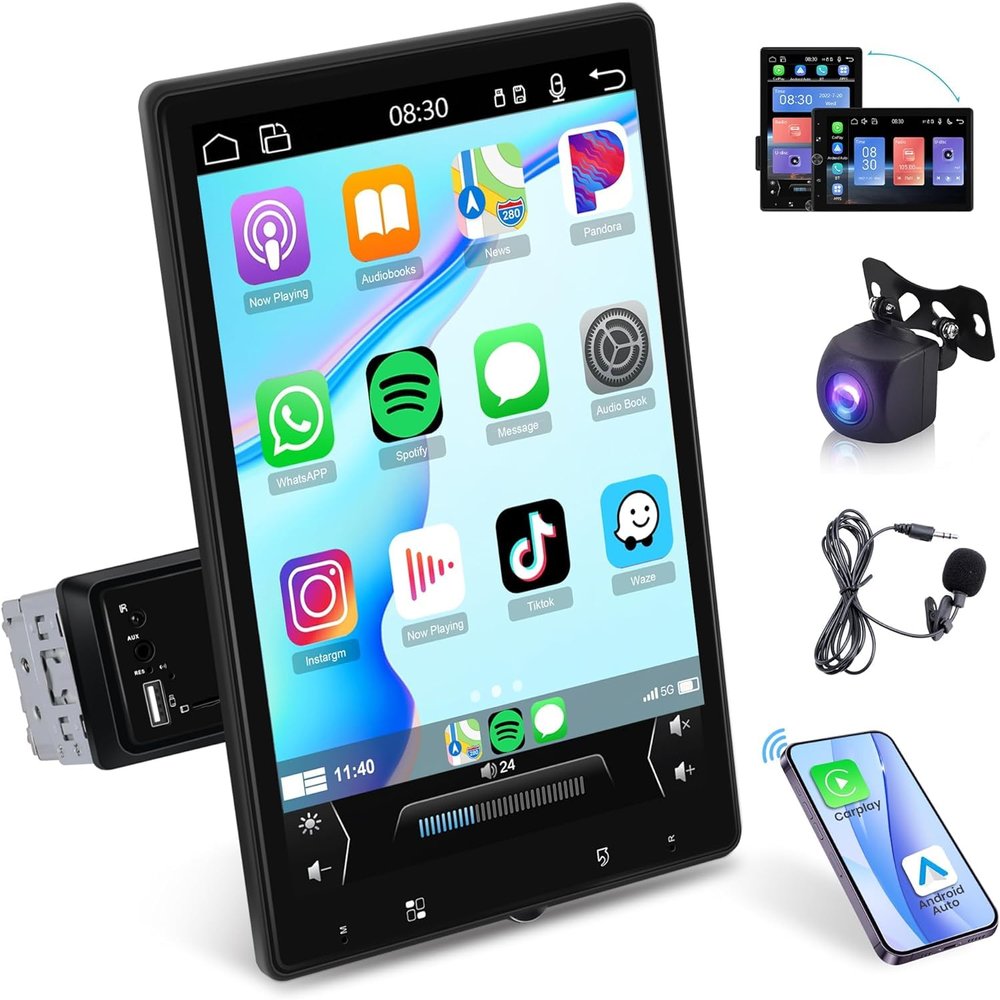 10.4 inch Single Din Car Stereo Wireless CarPlay Android Auto Mirror Link, Rimoody Rotational 2.5D Touch Screen 1280x800 Car Radio with BT FM/RDS/EQ USB/AUX/TF/SWC/MIC Car Audio Receiver Backup Camera