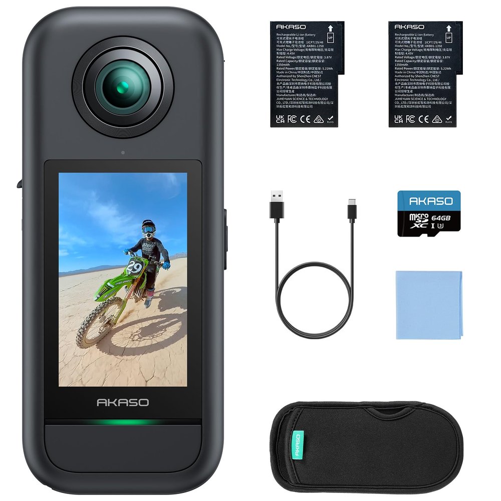 AKASO 360 Weatherproof 360 Action Camera - 5.7K 360 Video with 1/2" 48MP Sensors, 72MP 360 Photo, 360-SuperSmooth, Invisible Selfie Stick Effect, 360 Horizon Lock, AI Tracking with 64GB MicroSD Card
