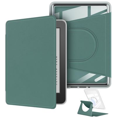 360 Degree Rotating Case for 6" Kindle Paperwhite (7th Generation-2015 Release), Detachable Magnetic Design Protective Adjustable Stand Cover Clear Back with Auto Sleep/Wake, Dark Green