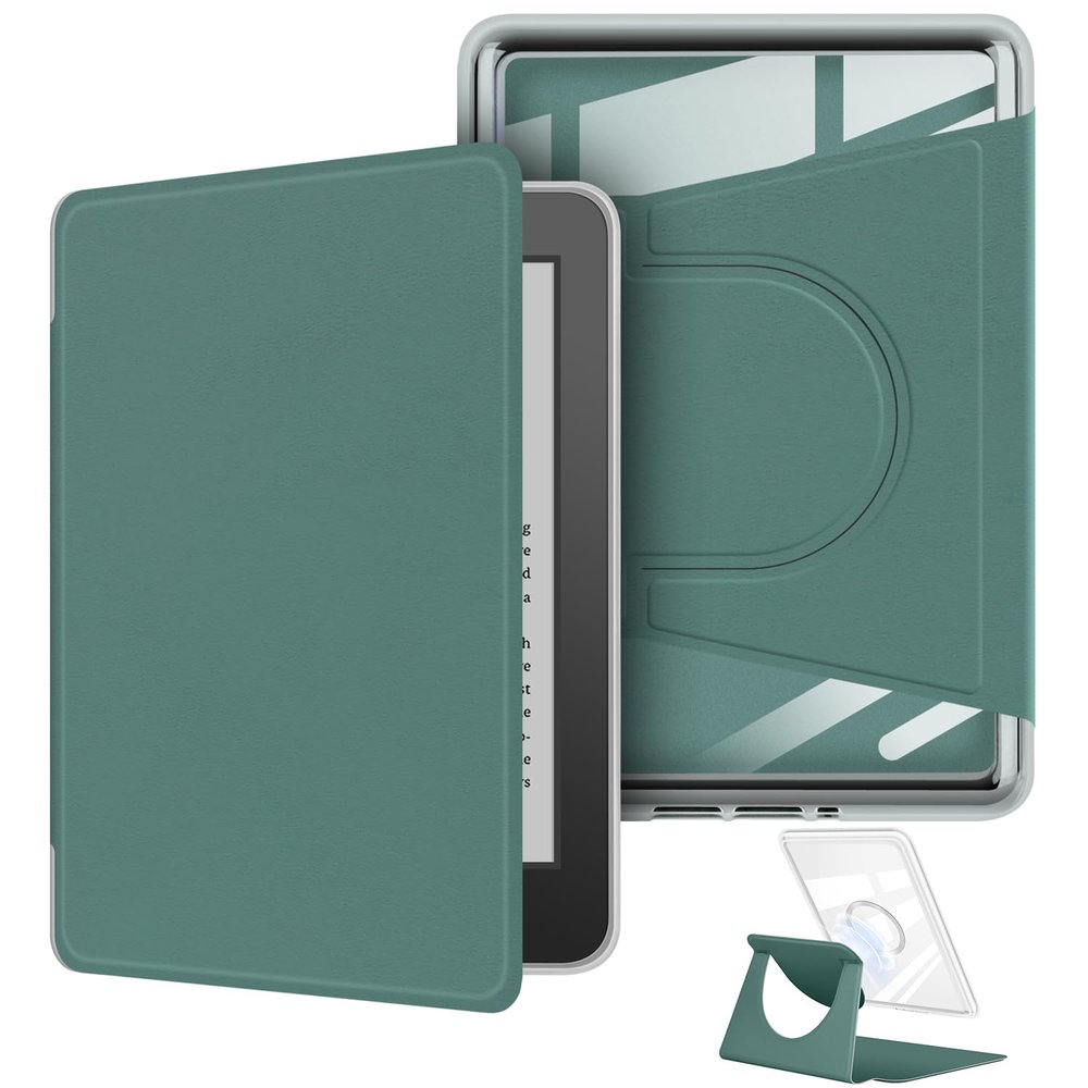 360 Degree Rotating Case for 6" Kindle Paperwhite (7th Generation-2015 Release), Detachable Magnetic Design Protective Adjustable Stand Cover Clear Back with Auto Sleep/Wake, Dark Green
