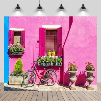 CHNYWORK 10x10ft Italian Pink House Backdrop European Italy Street Venice Island Blooming Flowers Red Bike Background Europe Italy Travel Birthday Wedding Party Decor Banner Photo Booth Props