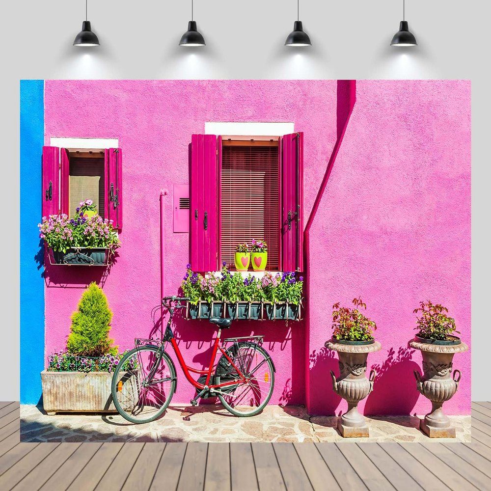 CHNYWORK 10x10ft Italian Pink House Backdrop European Italy Street Venice Island Blooming Flowers Red Bike Background Europe Italy Travel Birthday Wedding Party Decor Banner Photo Booth Props
