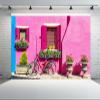 CHNYWORK 10x10ft Italian Pink House Backdrop European Italy Street Venice Island Blooming Flowers Red Bike Background Europe Italy Travel Birthday Wedding Party Decor Banner Photo Booth Props view 2