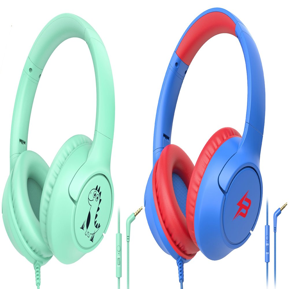 [Green+ Blue] Kids Headphones for School Travel, 85/94dB Volume Litmit, HD Mic Stereo Sound Wired Over-Ear Toddler Girls Boys Headphones for Kid, Foldable 3.5mm for Tablet
