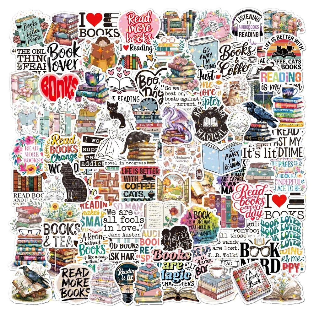 100PCS Book Stickers, Holographic Bookish Reading Stickers for Kindle,Water Bottle, Laptop, Cute Vinyl Book Accesssories for Kids,Teens,Adults