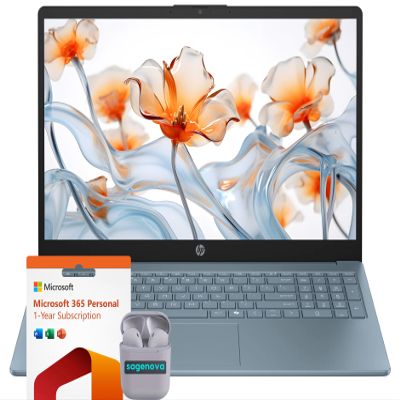 HP Business Laptop Computer, 15.6" HD LED Display, Intel N200 Processor, Windows 11 S Laptop 16GB RAM 128GB UFS, 1-Year Microsoft Office 365, Numeric Keypad, SageNova Earphones, Moonlight Blue