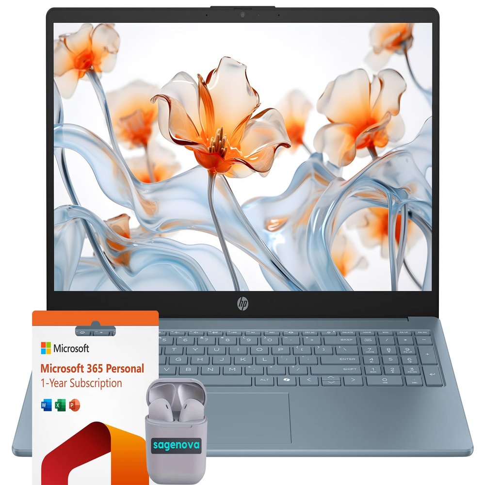 HP Business Laptop Computer, 15.6" HD LED Display, Intel N200 Processor, Windows 11 S Laptop 16GB RAM 128GB UFS, 1-Year Microsoft Office 365, Numeric Keypad, SageNova Earphones, Moonlight Blue
