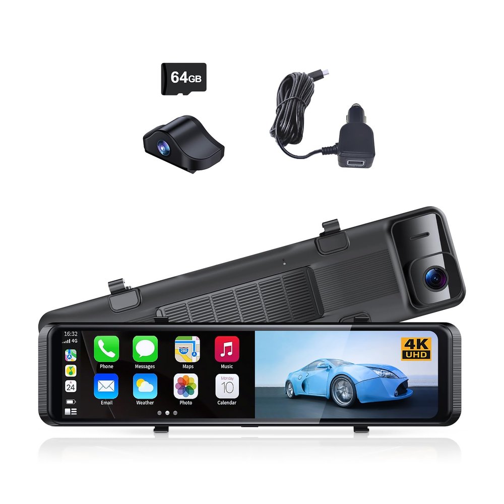 12 Mirror Camera, 2160P Full HD Rearview Mirror, 4K Mirror Dash Cam Front and Rear, Waterproof Backup WDR Camera, Night Vision, Parking Assist, Speed Alert