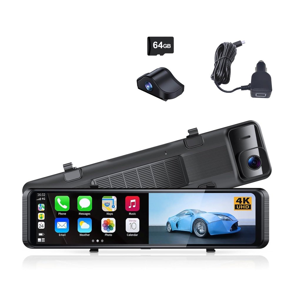 12" 4K Mirror Dash Cam Front and Rear, Wi-Fi 6 Rear View Mirror Camera with 64GB Card, Voice Control Dash Camera for Car, Rearview Mirror Camera with GPS Night Vision Parking Assistance