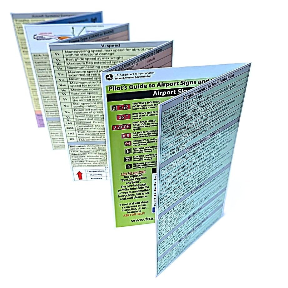 Crystal Pilot Student Pilot Foldable Guide with Info on Aerodynamics, Private Pilot Reqs, Metar. Airspace, Airport Markings and VFR Acronyms.