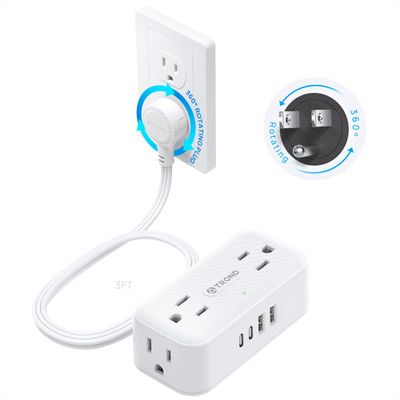 TROND 360 Rotating Flat Plug Power Strip, 3FT Extension Cord with 4 USB Ports, 4 Wide Spaced AC Outlets, Wall Mount, 900J Surge Protector for Office Travel Dorm Room Essentials, White