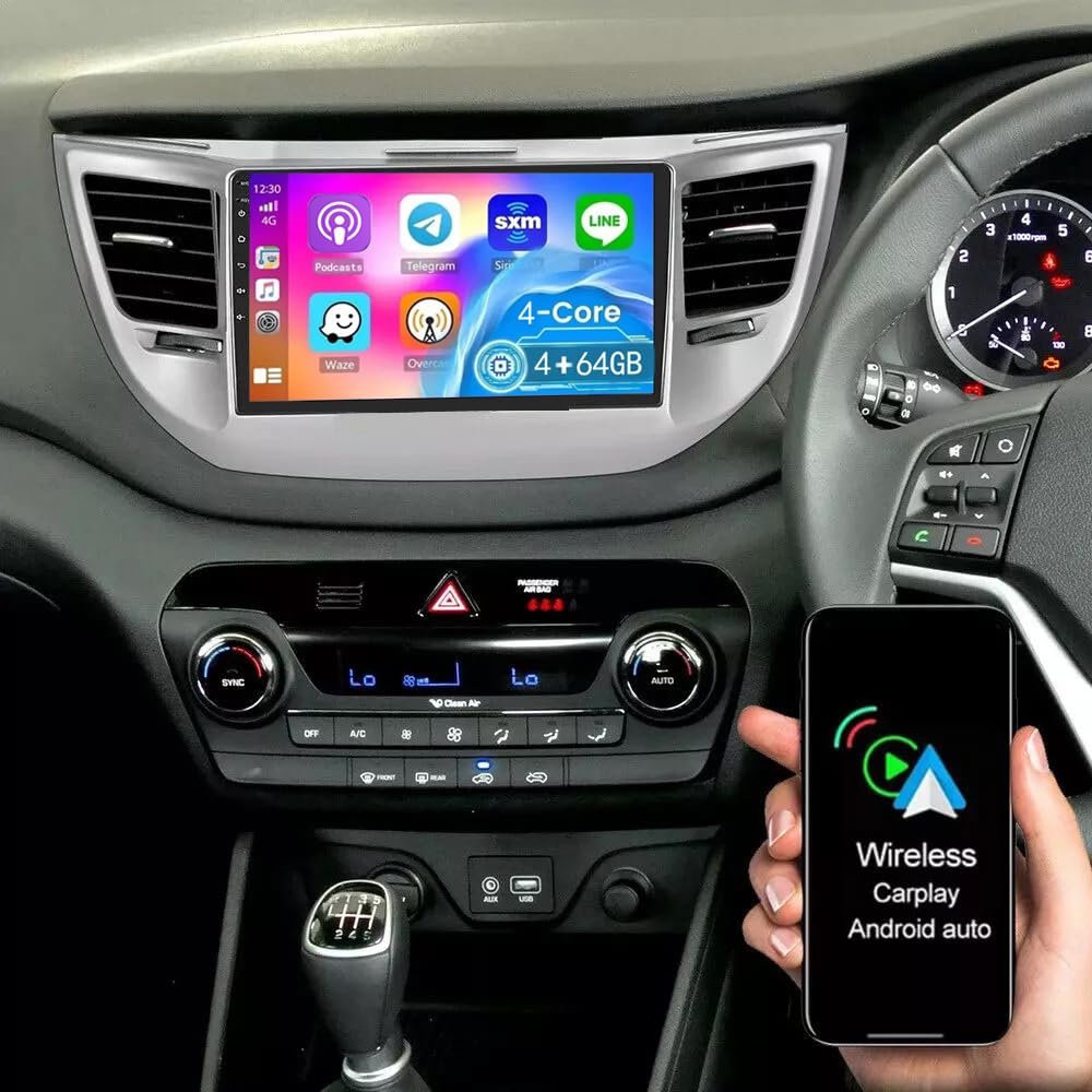 9 inch Android 13 Car Radio Stereo Compatible for Hyundai Tucson 2015 2016 2017 2018 2019 for CarPlay Wireless GPS Navigation, 2 DIN Screen Bluetooth GPS Antenna FM Map Radio Display (4+64G)