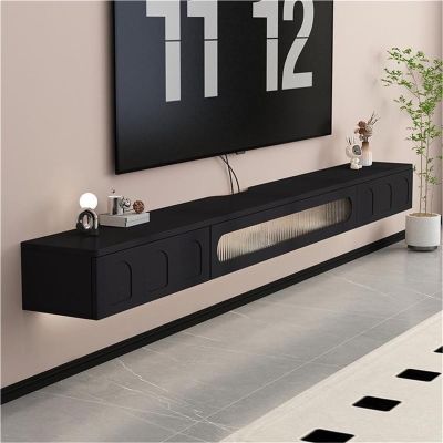 Wood Floating TV Stand with Glass Door and Drawers Wall Mounted Media Console with Textured Glass Panel Cable Management Heavy Duty(Black,140 cm)