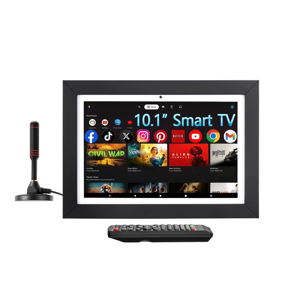 IONETECK 10.1 inch Smart Kitchen & Home Hub, Voice Control, Touch Screen, Small TV with Built-in ATSC Tuner, Play Store, Calendar, Photo Frame, Video Call, Portable MINI for Home, RV, Bedroom, Truck