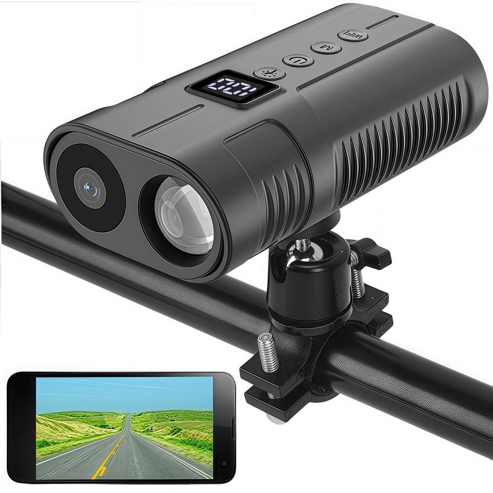 PIEPIE Bike Front Light Sports Camera1080P HD Bicycle Action Camera, 64GB Memory, 10H Recording, Rechargeable LED Headlight for Night Riding, Ebike Accessories, Mountain Road BMX Dirt Bike
