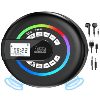 Portable CD Player with Speaker Bluetooth Discman for Car with FM Transmitter Rechargeable Lightweight Anti-Skip Protection Repeat Headphones AUX/USB LCD Display RGB Light Gifts Kids Student