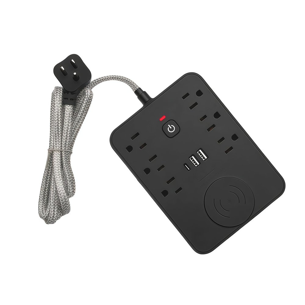 6 Outlet Power Strip with USB Wireless Charging Overload Protection Switch Extension Cord for Multiple Scenes (Black(59inch))