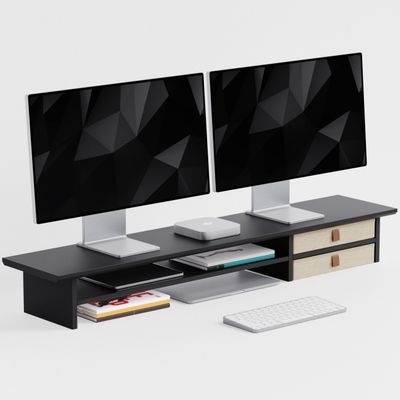 FENSULN DualTier Monitor Stand Riser with Drawers, Desktop Organizer Shelf Storage for Computer Screen 2 Monitors, Supports for PC Computer Monitor, Printer, Heavy TV Riser Black