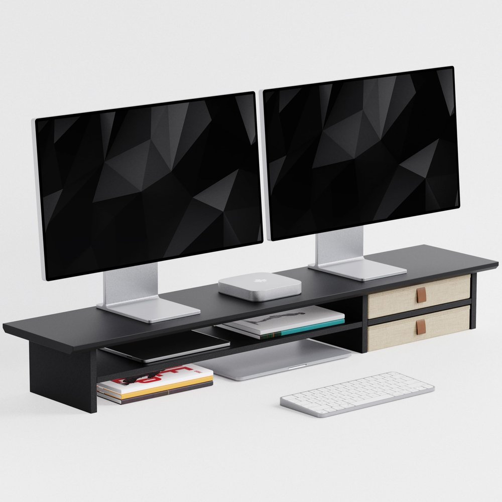 FENSULN DualTier Monitor Stand Riser with Drawers, Desktop Organizer Shelf Storage for Computer Screen 2 Monitors, Supports for PC Computer Monitor, Printer, Heavy TV Riser Black