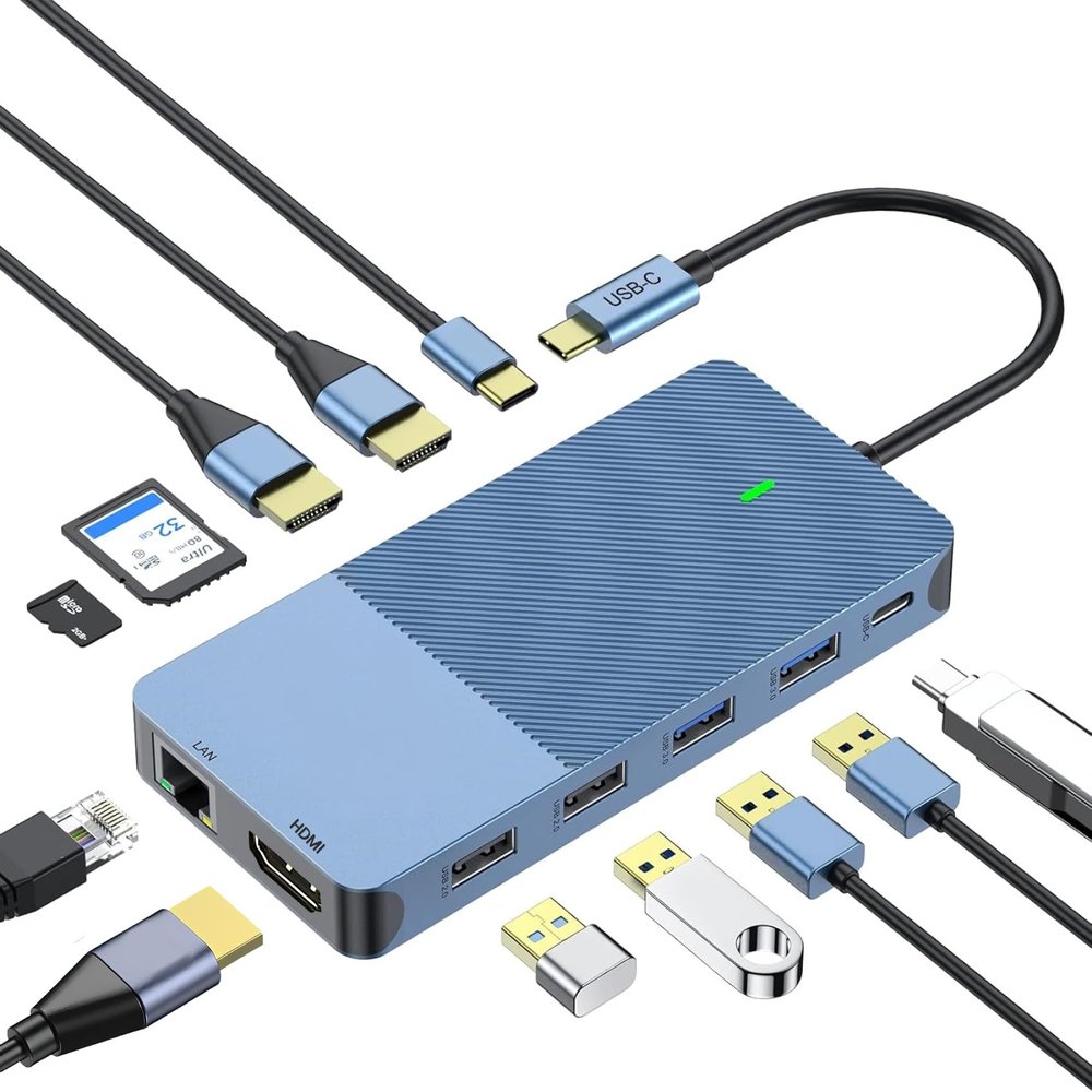 12-in-1 USB C Docking Station, 100W PD Charging, 4K Triple Display (HDMI/DP), Gigabit Ethernet, USB 3.1 Gen2 (10Gbps), SD/TF Card Reader, for MacBook/Dell/HP/Lenovo/Xiaomi/Huawei Type-C Devices