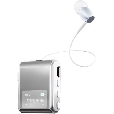 Oluote Bluetooth Headset with Retractable Cable, Wireless Headphone Stereo Earphone V5.4 Noise Cancelling Mic Clip on Earpiece, with LCD Display, AI Voice Assistant, for Sports Business (Silver)
