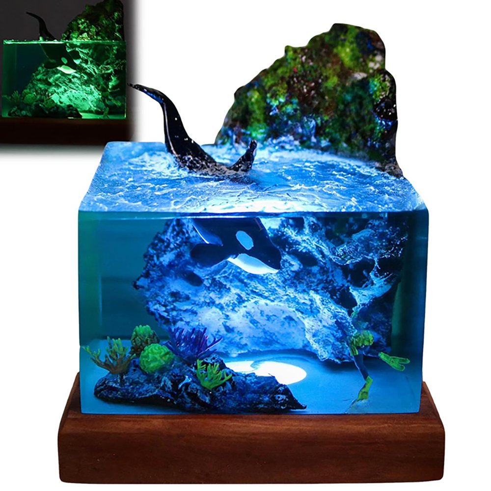 Handmade 3D Ocean Resin Lamp - USB-powered wooden base resin ocean night light, adjustable lamp, men's office decoration, living room and bedroom decoration, suitable for vacation (10*10*10cm)