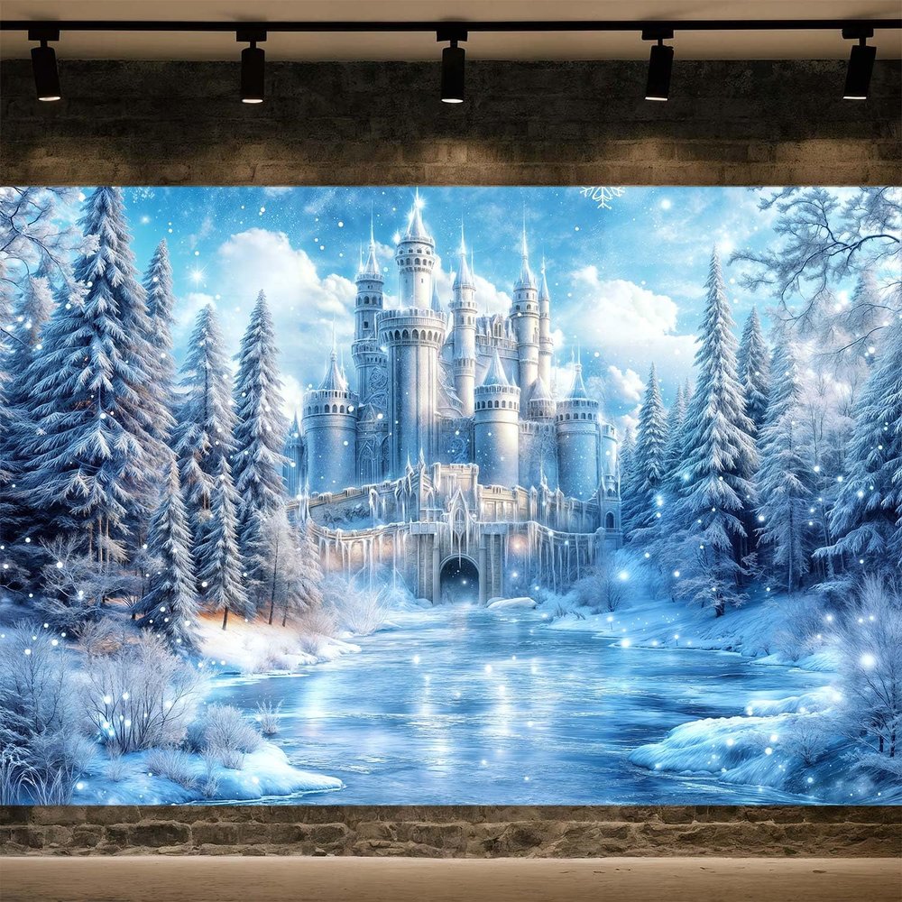 10X10FT Winter Backdrop, Wonderland Christmas Party Decorations, Crystal Ice Castle Snowflake Pine Tree Photography Background, Kids Birthday Banner Portrait Photo Booth Prop