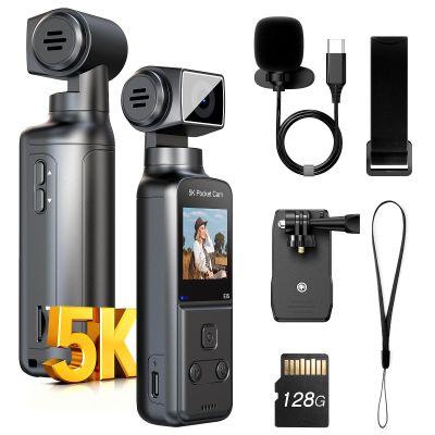 BOBLOV 5K Body Camera with Microphone, W5 Vlogging Camera, 5K/15FPS and 4K/60FPS with 270 Rotating Lens, External Mic Support, Clip/Strap Options, EIS Stabilization for Meeting, and Daily Use (128GB)