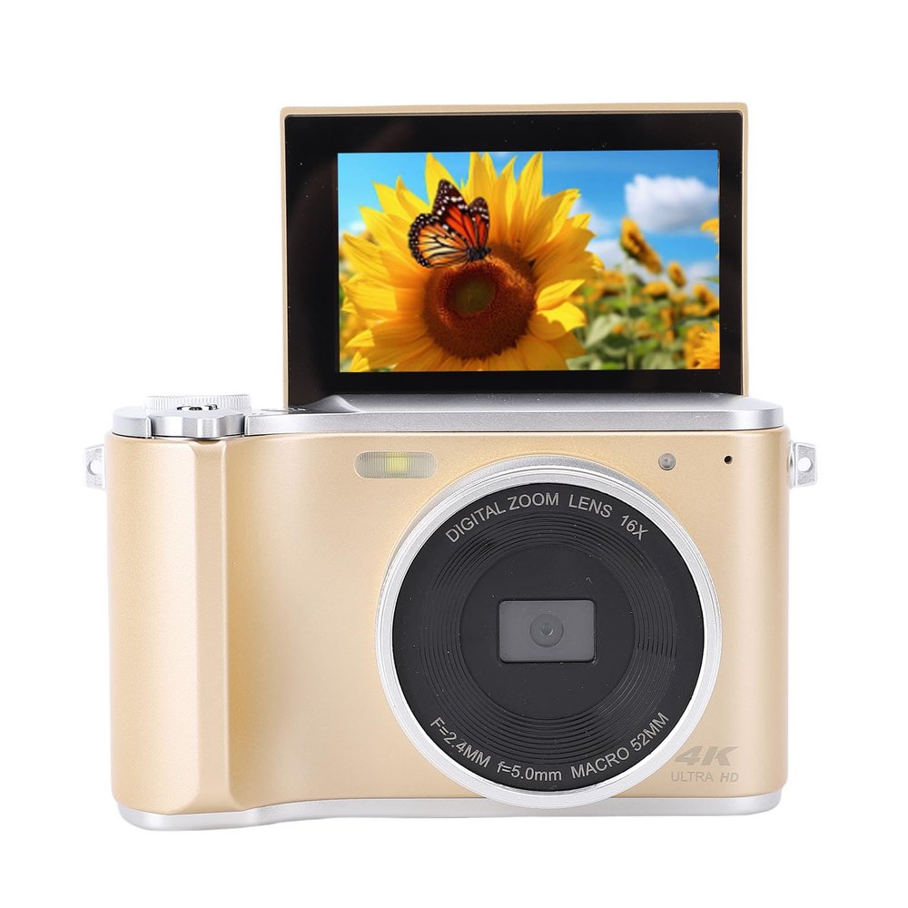 YUEHISY 4K Digital Camera, 64MP CMOS Sensor Compact Vlog Travel Camera for Photography, 3 Inch Flip Screen, 16X Digital Zoom, Wide Angle Lens (Gold)