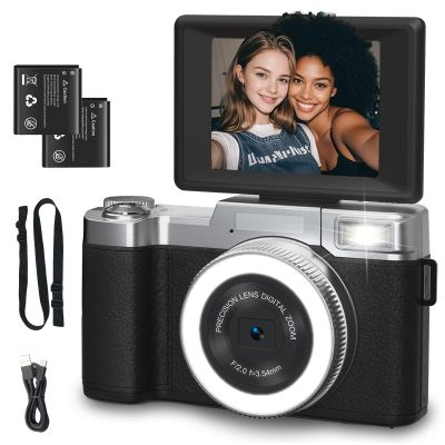 4K Digital Camera for Photography 64MP Vlogging Camera for YouTube with Flip Screen Point and Shoot Camera for Teens with Built-in LED Selfie Light Compact Camera for Beginners with Batteries
