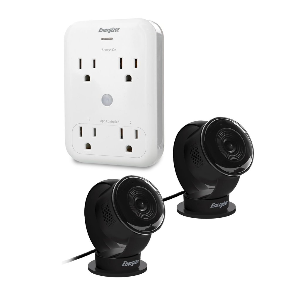 Energizer Smart Wi-Fi Indoor Camera 2-Pack with Smart Wall Tap Outlets, 1080P, Cloud/Micro-SD Card Recording, 2-Way Audio, Night Vision, Remote Access, Motion Alerts, Activity Zones, 2.4GHz Wi-Fi