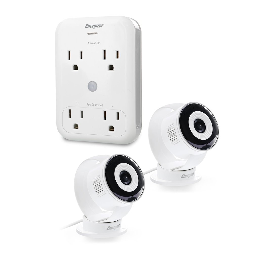 Energizer Smart Wi-Fi Indoor Camera 2-Pack with Smart Wall Tap Outlets, 1080P, Cloud/Micro-SD Card Recording, 2-Way Audio, Night Vision, Remote Access, Motion Alerts, Activity Zones, 2.4GHz Wi-Fi