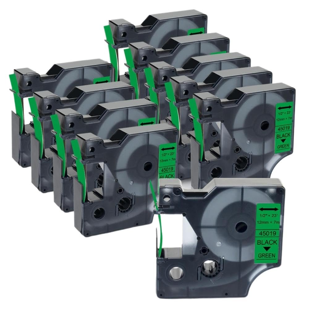 10PK 45013 Label Tape Compatible with D1 Label Makers Works with 45013 Models 12mm Width(Black on Green)