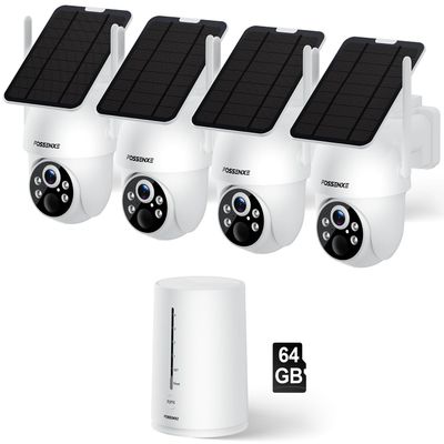 FOSSENXE Solar Security Cameras Wireless Outdoor, 4 Cam-Kit, Solar-Powered, 2K Cameras for Home Security System, 360 Pan & Tilt, Color Night Vision, Motion Detection, 64GB Memory Card, No Monthly Fee