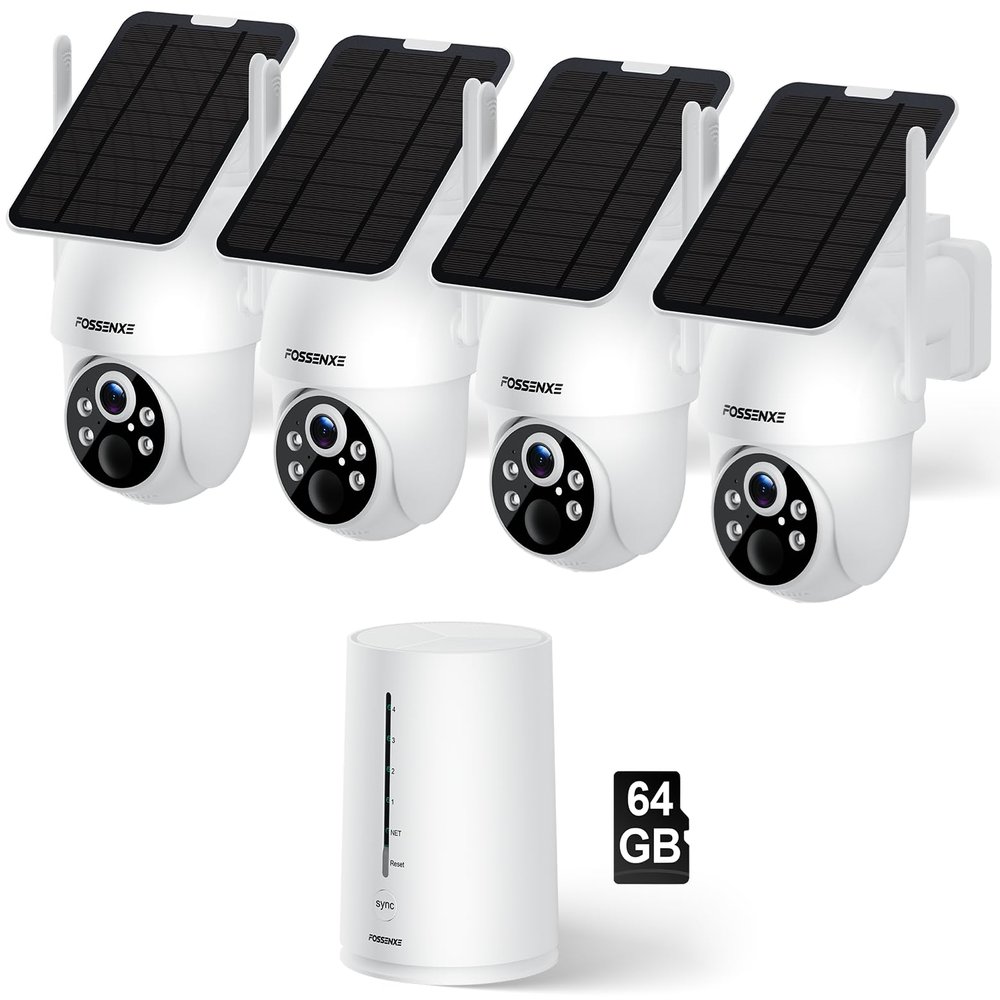 FOSSENXE Solar Security Cameras Wireless Outdoor, 4 Cam-Kit, Solar-Powered, 2K Cameras for Home Security System, 360 Pan & Tilt, Color Night Vision, Motion Detection, 64GB Memory Card, No Monthly Fee