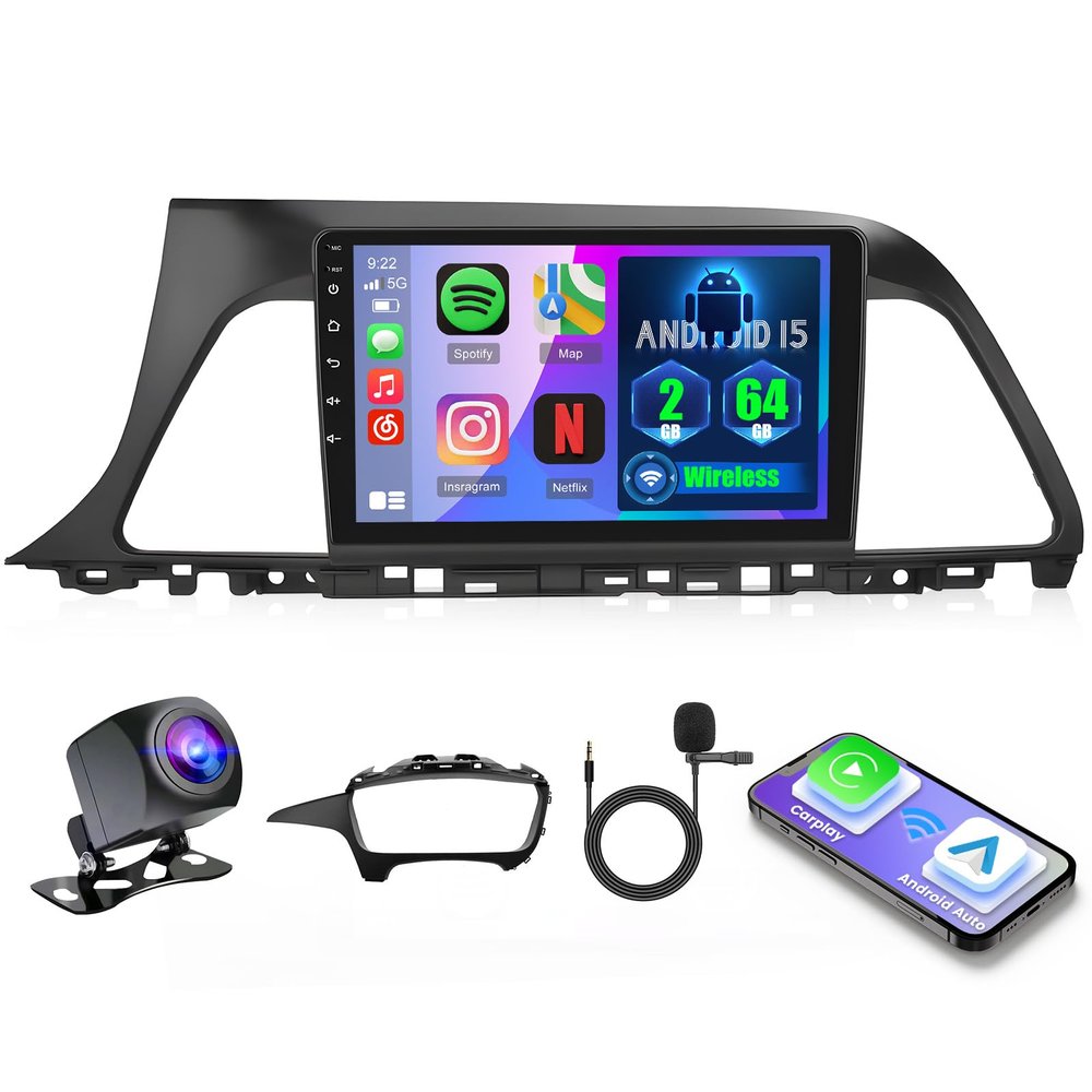 2+64G Android 15 Car Stereo for Hyundai Sonata 2015 2016 2017,9 inch Touch Screen Radio Wireless Apple CarPlay Android Auto DSP 5G WiFi Bluetooth GPS FM RDS+Free AHD Backup Cam