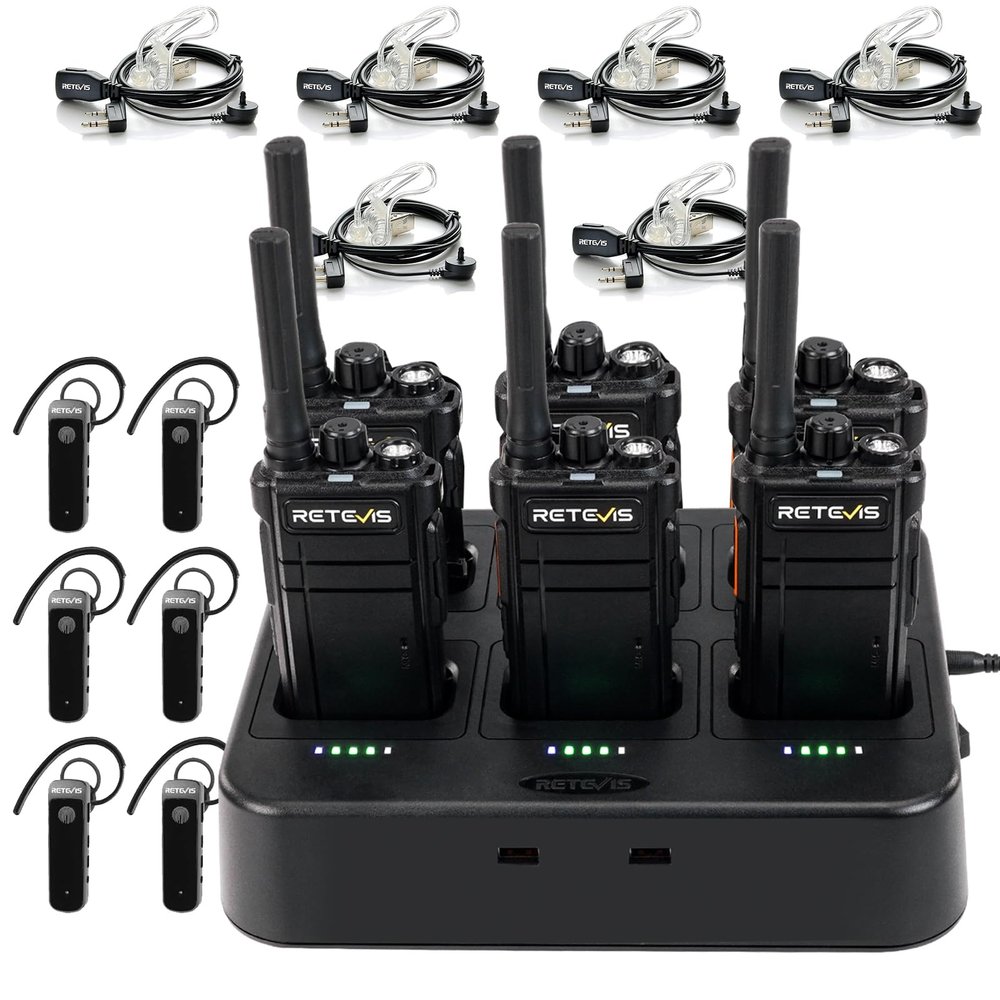 Retevis RB37 Bluetooth Walkie Talkies,Bluetooth Two Way Radio Earpiece,Acoustic Tube Headset,Flashlight,2000 mAh&120h Standby,Six Way Charger,9-Level VOX&Squelch,for Security Hospital Retail(6Pack)