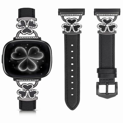 Leather Bands Compatible with Fitbit Versa 4/Fitbit Versa 3 /Fitbit Sense/Sense 2 Bands for Women, Bling Slim Leather Strap with Designer Three Hearts Design Buckle Strap for Fitbit Versa 4 Band (Black/Black)