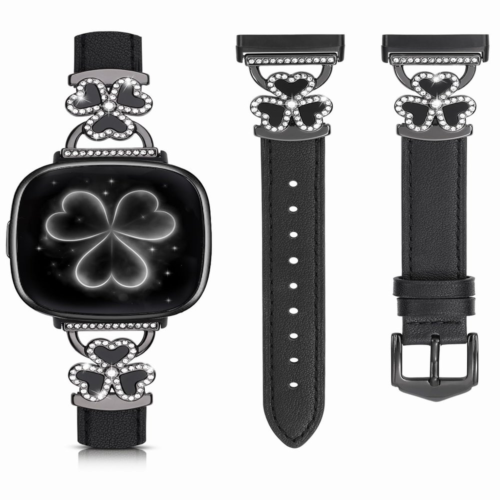 Leather Bands Compatible with Fitbit Versa 4/Fitbit Versa 3 /Fitbit Sense/Sense 2 Bands for Women, Bling Slim Leather Strap with Designer Three Hearts Design Buckle Strap for Fitbit Versa 4 Band (Black/Black)