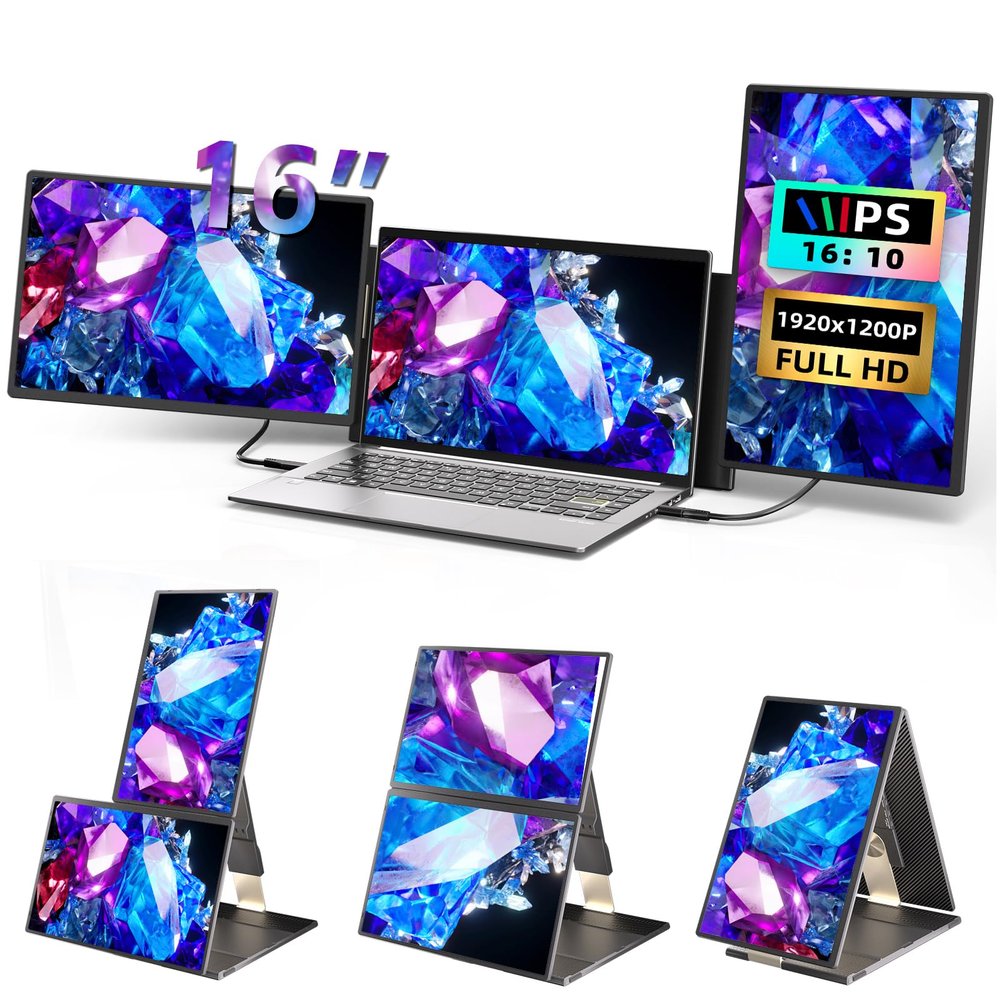 BKVOO Laptop Screen Extender 16-inch - Triple Laptop Monitor Extender Detachable FHD 1920x1200P IPS 235 Rotation Extra Portable Monitor Compatible with 13-17 Mac Wins Dex Chrome