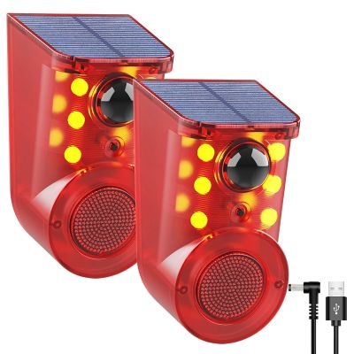 ChunHee Solar Outdoor Motion Sensor Alarm 3 Working Mode Motion Activated Alarm 120dB Loud Sound Noise Maker IP65 Waterproof Motion Detector with Strobe Light for Yard Farm Garden (2PC)