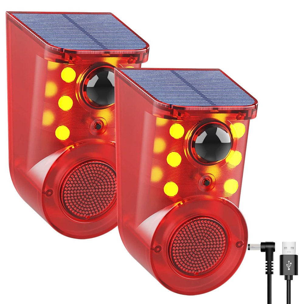 ChunHee Solar Outdoor Motion Sensor Alarm 3 Working Mode Motion Activated Alarm 120dB Loud Sound Noise Maker IP65 Waterproof Motion Detector with Strobe Light for Yard Farm Garden (2PC)