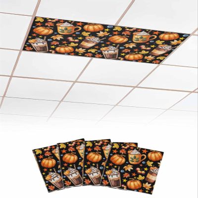 4 PCS Fluorescent Light Covers - Autumn Pumpkin Latte Maple Leaf Magnetic Light Filters for Ceiling Light,Seamless Berry Coffee Black Light Shade Panel for Office Classroom Home Decor,4 x 2 Feet