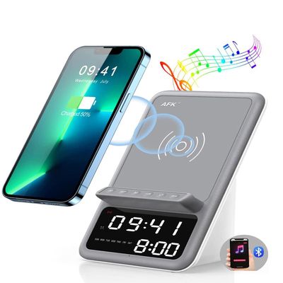 AFK Wireless Charging Station with Bluetooth Speaker and Alarm Clock,Wireless Charger Compatible with iPhone,Android Phones (Gray-White)