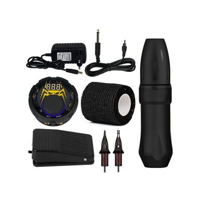 Rotary Tattoo Machine Kit LCD Power Supply Foot Pedal Cartridge Tattoo Pen Set(Black)
