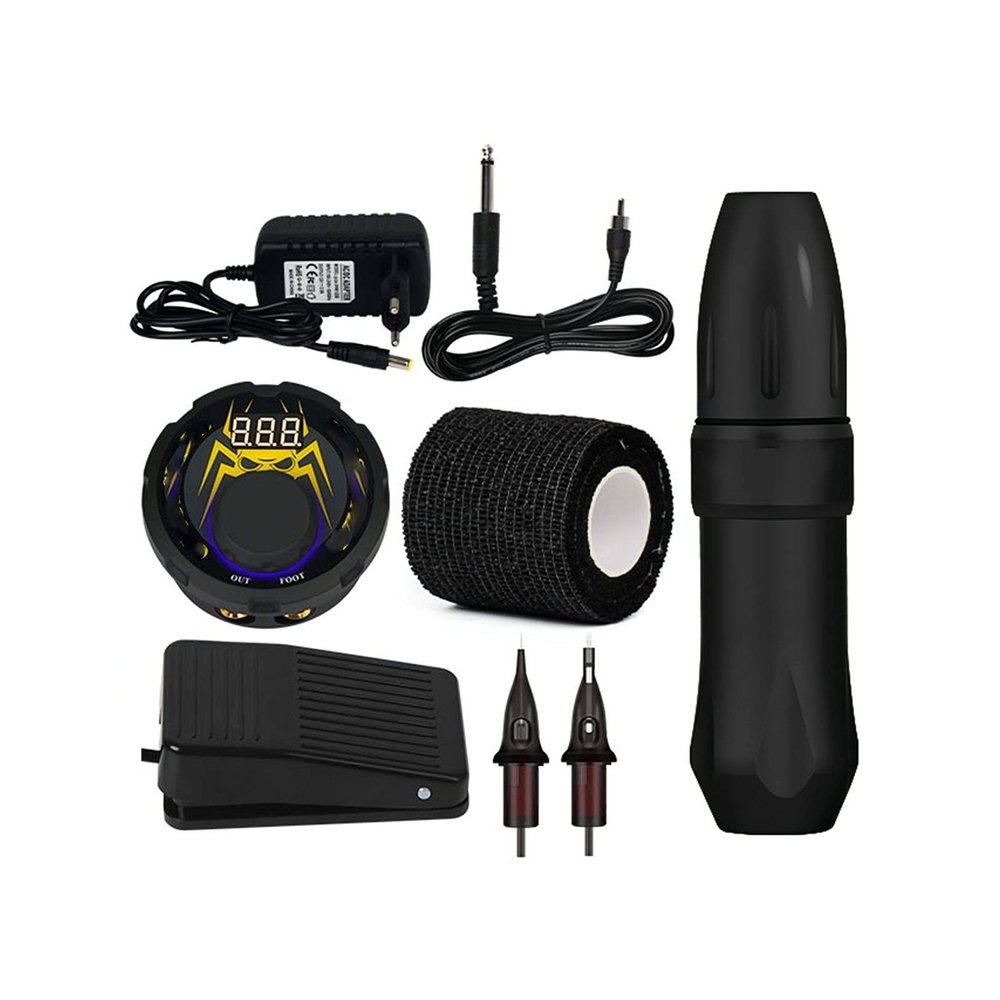 Rotary Tattoo Machine Kit LCD Power Supply Foot Pedal Cartridge Tattoo Pen Set(Black)