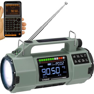 ZHIWHIS Emergency Radio with Bluetooth, Multi-Function Portable Radios with LCD VA Display, FM/MW/SW/VHF/WB Receiver with Alerts, Hand Crank/Solar/USB Charging, 5000mAh for Emergencies ZWS-908(Green)